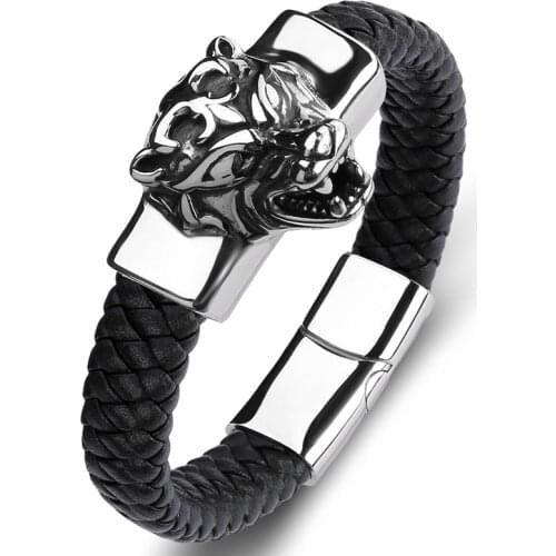 Trendy Mens Jewellery Wristband Stainless Steel Tiger Braided Leather Handmade Bracelets Male Jewelry Punk Party Bangles P123