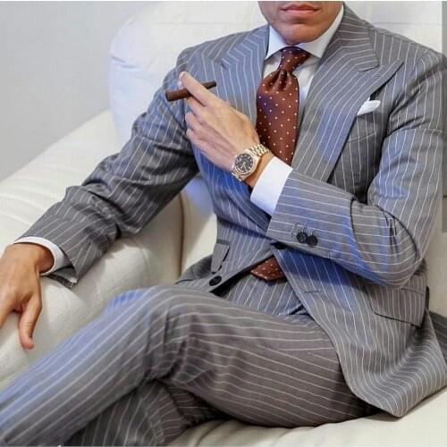 Gray Stripe Mens Tuxedo Groom Suits Peaked Lapel Slim Fit Two Button High Quality Business Prom Party Blazer Jacket (Jacket+Pant