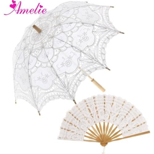Battenburg Lace Parasol and Fan Sun Umbrella Set Bride Adult size Vintage Forest Party Shower Photo Prop Decoration Umbrella Fan
