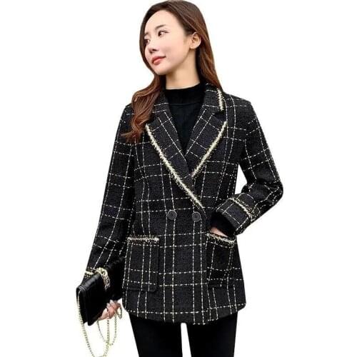 New Arrival Black Plaid Blazer Coats Womens Spring Autumn Wild Small Fragrant Wind Jackets Ladies Fashion Slim Outwear Tops Tide