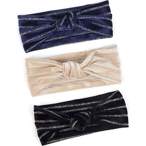 Charm Wood Fashion Elegant Women Cross Knotted Headband Winter Autumn Velvet Hairband Sliver Striped Head Wrap for Female Girls