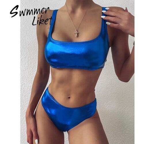 Solid swimsuit women Shiny bikini 2020 Bandeau swimwear Sexy bathing suit female bathers Vintage 2 piece suit swim suit biquini