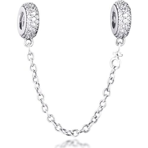 Fits Pandora Bracelet Pave Inspiration Safety Chain Charm 925 Sterling Silver Clear CZ Beads DIY Jewelry Making Berloque