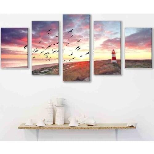 Seaside Twilight Poster Flying Bird Lighthouse Home Decoration Canvas Painting Wall Picture for Living Room Decor Five Piece Set