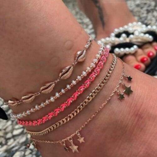 QiLuxy 5Pcs/set Gold Color Shell Chain Star Anklet Set for Women Charm Handmade White Beaded Foot Chain Female Beach Jewelry