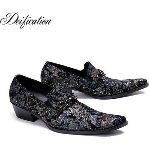 Deification Luxury Designer Slip On Mens Shoes Fashion Printed Genuine Leather Mens Formal Shoes Pointed Toe Party Wedding Shoes