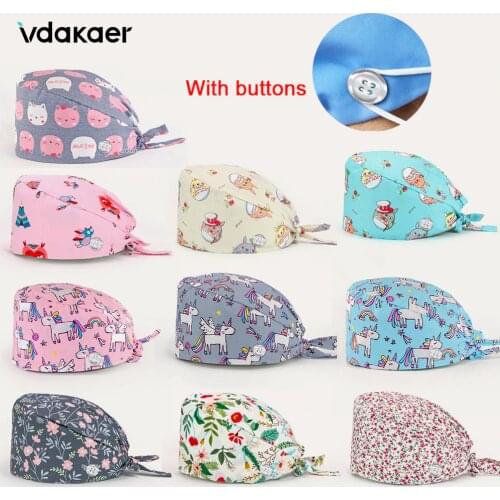 Womens and men Scrubs Caps Reusable surgical cap lab Scrubs Beauty Work Cap Breathable With buttons nursing cap