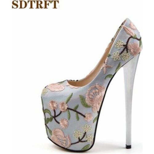 SDTRFT Sexy embroidery 20cm thin high heels pumps Round Toe women Shallow Mouth shoes zapatos de mujer Super size:34-48 49 50