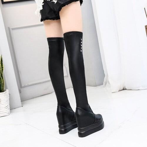 Thick Bottom Within Increase Long Boots 13Cm Wedges Over-the-Knee Boots Personality Rivet Stretch High Boots Sexy Womens Boots