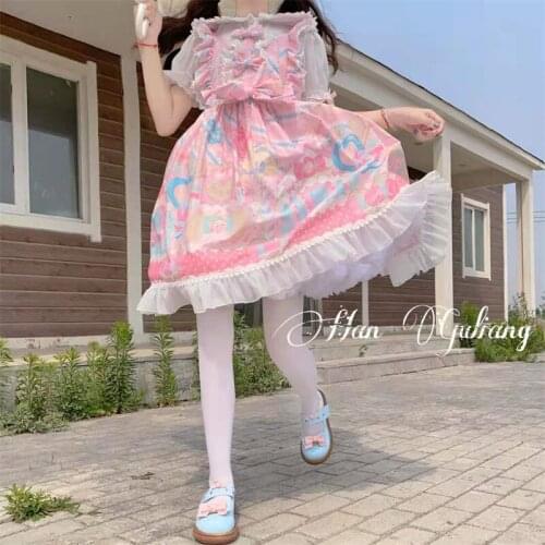 Japanese Suspenders Soft Girl Sweet Bow Cartoon Cute Dress Summer Cosplay Tea Party Pink Jsk Kawaii Lolita Spaghetti Strap Dress