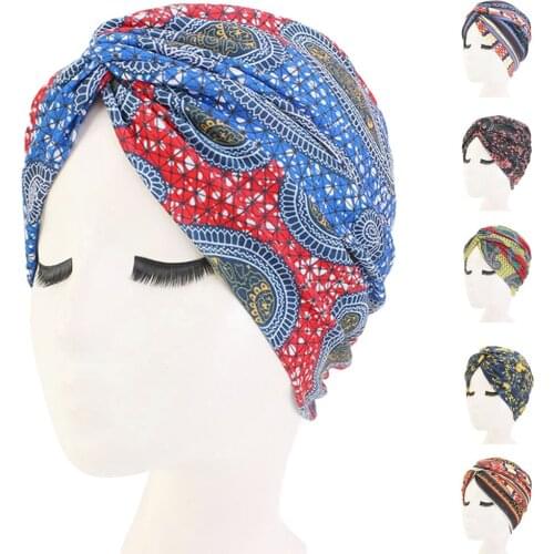 Women Ethnic Style Print Turban Cap Cross Muslim Hat Headscarf Female Bandanas Headwear Hijab Beanie Bonnet Heas Scarf Covers