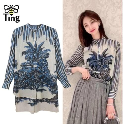 Tingfly Women Fashion Vintage Casual Button Up Blouses Stand Collar Striped Streetwear Female Shirts Lady Blusas Moda Zaful New