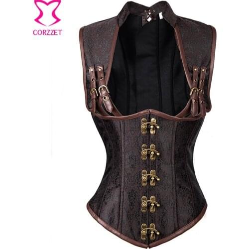 Brown Collared Cupless Steampunk Clothing Women Waist Trainer Underbust Corset Plus Size Steel Boned Corsets And Bustiers
