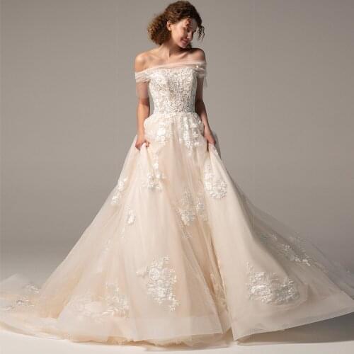 Champagne Bateau Off Shoulder Boho Beach Bridal Dresses A Line Appliques Sweep Train Seaside 2021 New Long Wedding Dresses