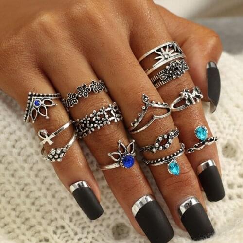 13 pcs/set Vintage Knuckle Rings Set For Women Hollow Flower Unicorn Middle Finger Ring Ancient Silver Color Statement Jewelry