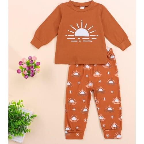 Toddler Girls Boys 2Pcs Fall Outfits Cotton Casual Long Sleeve Sun Print Pullover and Pants Set Kids Children Outfits Homewear