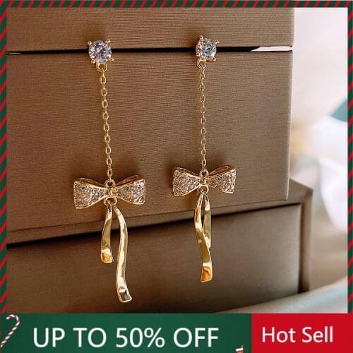 2021 Women Bow Earrings Tassel Long Earrings Korean Temperament Earrings Female Trendy Earrings Trendy Fashion Stud Earrings