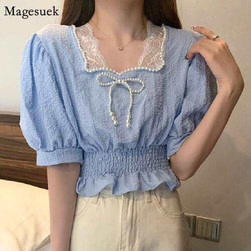 Vintage Puff Sleeve Summer Shirts Women Korean Square Collar Beading Lace Patchwork Blouse White Cropped Tops Blusas Mujer 15332