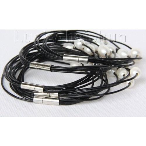 5 piece 8" 5row 10mm white Freshwater pearls black leather bracelet j9389