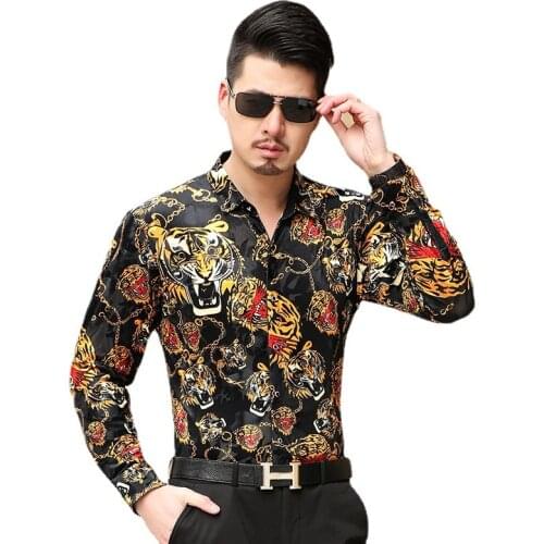 Business Dress Shirts Mens Casual Tiger Pattern Velvet Silk Shirts Spring Autumn Fashion Long Sleeve Tops Shirt