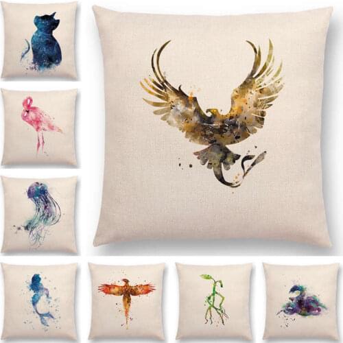 Hot Sale Hogwarts Final Fantasy Breath Wild Jellyfish Thunderbird Cat Flamingo Magic Watercolor Prints Cushion Cover Pillow Case