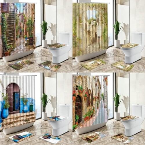 Greek Village Street View Shower Curtain Plants Flower Rattan Garden Scenery Non-Slip Carpet Toilet Cover Floor Mat Set Washable