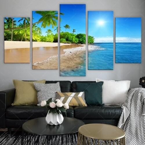 Canvas HD Prints Poster Home Decor 5 Pieces Tropical Beach Sunshine Palm Trees Paintings Wall Art Living Room Pictures Framework