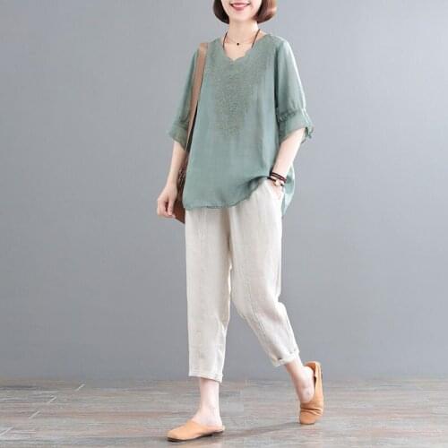 2 Piece Sets Womens Outfits 2021Summer Short Sleeve Cotton Loose Crop Tops And Causal Pants Two Piece Sets Plus Size Suit Q66