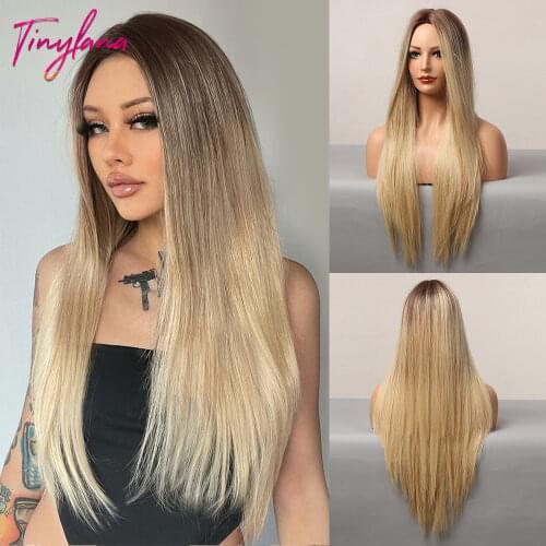 TINY LANA Ombre Red Brown Synthetic Wigs Middle Part Long Silky Straight Wigs for America Africa Woman Cosplay Heat Resistant