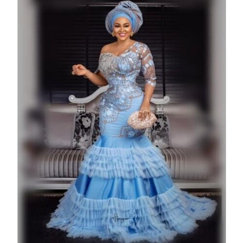 Sky Blue Mermaid Evening Dresses Plus Size One Shoulder Aso Ebi Prom Dress Lace Appliques Half Sleeves Arabic vestidos de fiesta