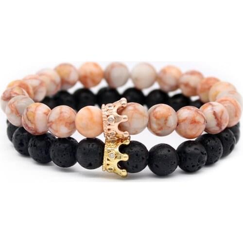Poshfeel 2pcs 8mm Natural Stone Beads His and Hers Couple Bracelets Crown Bracelets For Lovers Handmade Pulsera MBR180111