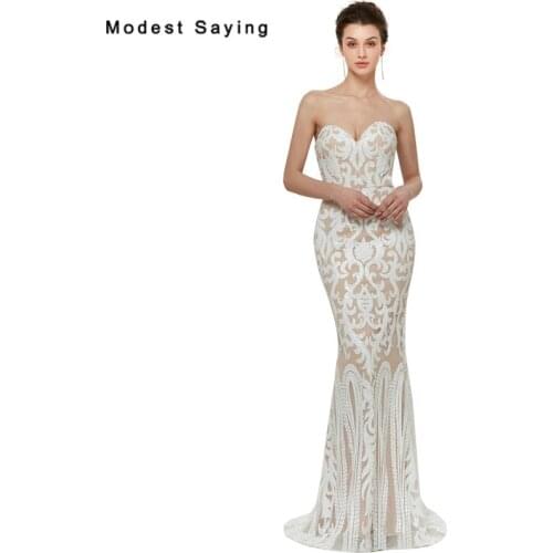 Luxury Sheer Ivory Mermaid Sequined Lace Evening Dresses 2018 with Nude Lining Sexy Sweetheart Women Engagement Party Prom Gowns