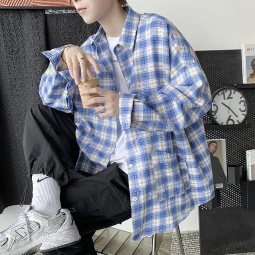 Mens Harajuku Plaid Vintage Shirts Man Japanese Streetwear Pockets Shirts Long Sleeve Male Pocket Casual Button Up Shirt