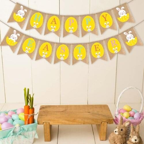 Happy Easter Burlap Banner Eggs Rabbit Print Bunting Pull Flag Garlands Photo Prop Vintage Holiday Party Home DIY Decoration