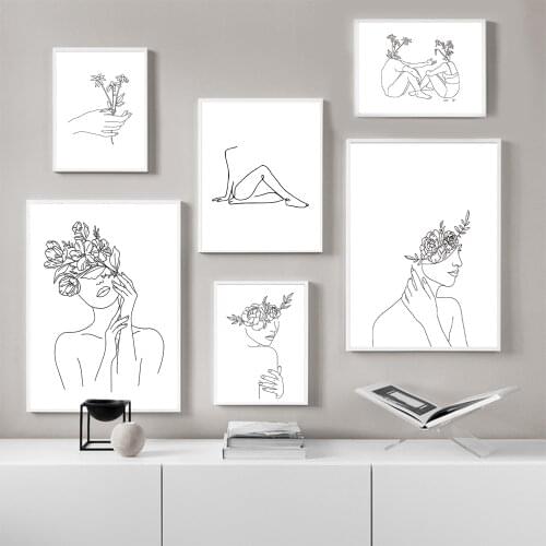 Female Line Art Black and White Prints Gallery Wall Minimalist Canvas Painting Flower Head Wall Art Poster Pictures Living Room