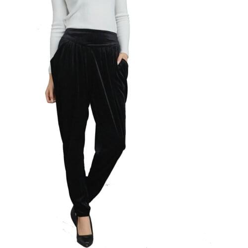 Womens pants autumn runway leisure harem glare high waist loose velvet wide leg pants ladies clothing gold velvet retro trouser