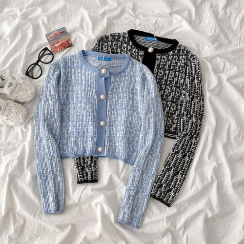 2020 New Women Cardigans Korean O Neck Long Sleeve Crop Sweater Vintage Single Breasted Sweet Plaid Sweaters