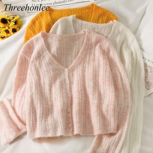 Korean Fashion Womens Sweater Autumn 2021 V-neck Single Breasted Stripped Long Sleeve Female Casual Short Knitting Cardigan