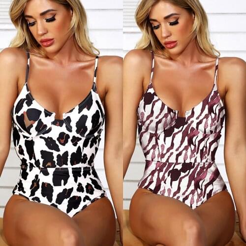 Beach Womens swimsuit bathing hot spring beach swimsuit womens fashion leopard print sexy sling deep V-neck one-piece swimsuit