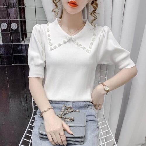 Summer Pearl Beading Thin Sweater Women Ruff Short Sleeve Turn-down Collar Pullover Knitted Tops Solid Slim Knitwear White Black