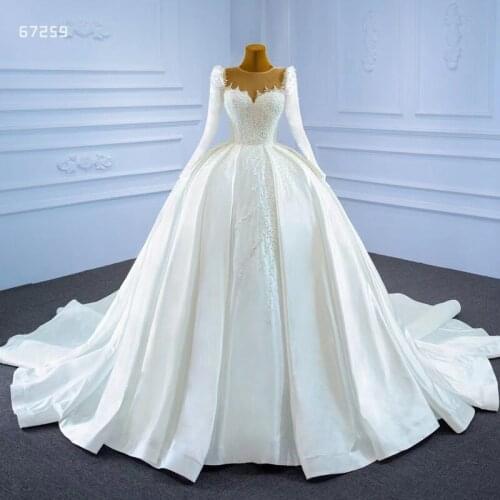 Kisswhite Pearls Heavy Royal Satin Beaded Crystals Long Sleeves Bridal Wedding Dresses Princess Bride Gown Vestido De Noiva