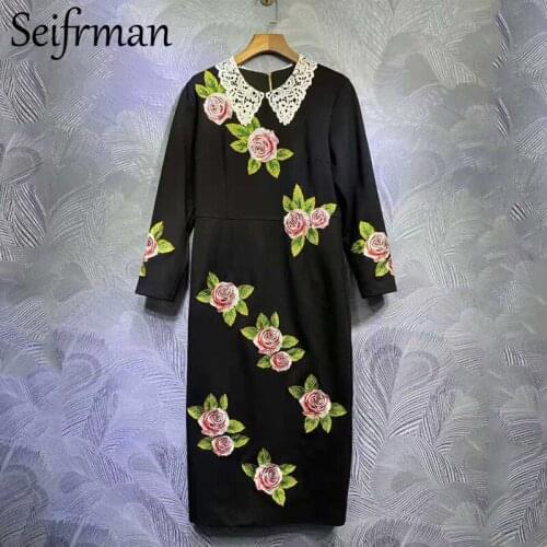 Seifrmann Women Summer Fashion Runway Party Midi Dress Long Sleeve Crystal Beading Embroidery High Waist Ladies Pencil Dresses