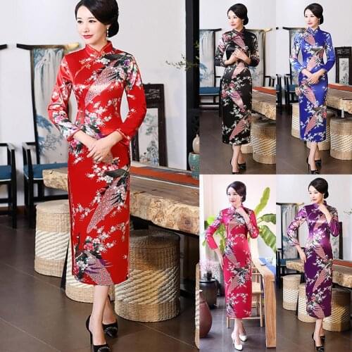 2020 Women Chinese 3/4 Sleeve Peacock Long Split Cheongsam Stage Show Midi Slim Dress Womens clothing женское платье vestidos