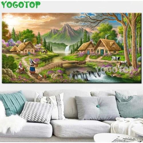 Cottage river mountain landscape large diamond painting 5d diy square round drill mosaic embroidery sale Waterfall cow YY4708