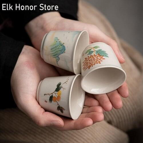 1pc Retro Plant Ash Ceramic TeaCups Handmade Landscape Flower Art Porcelain Mugs Kung Fu Tea Master Cups Household Personal Cup
