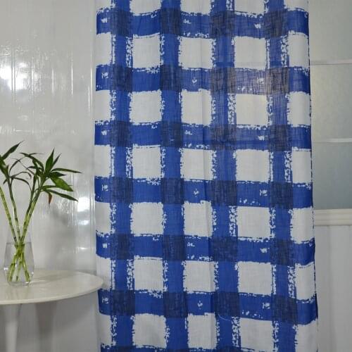 FMH Drapery Curtain Panels for Living room Bedroom French Window Faux Linen sheer Magnetic Knob Tiebacks Included Blue Checks Pr