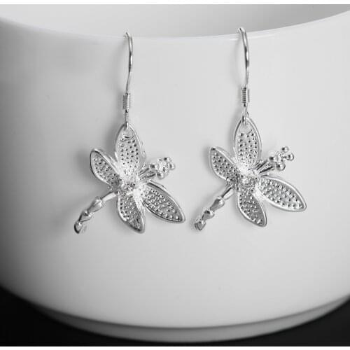Christmas gift Wedding silver color dragonfly Retro charms women Lady earring jewelry best gift lowest price E009