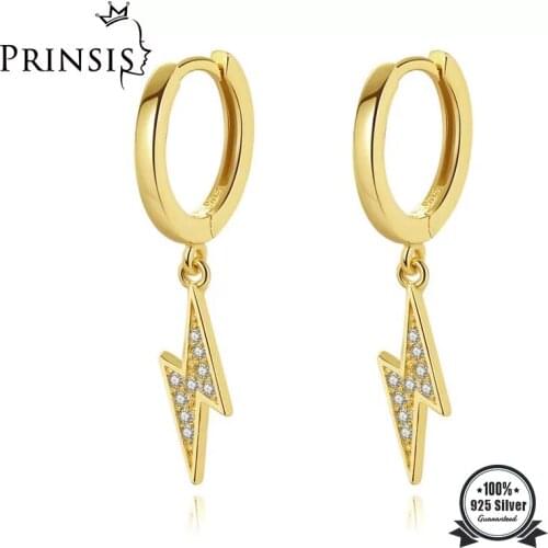 PrinSis Genuine Minimalist 925 Sterling Silver Lightning CZ Charm Hoop Earrings For Women Anniversary Fine Jewelry H005