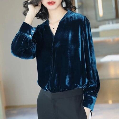 Spring Female Women Navy Black V Neck Long Sleeve Velour Shirt Blouse , Korean Style Woman Fall Office Lady Loose Velvet Shirts