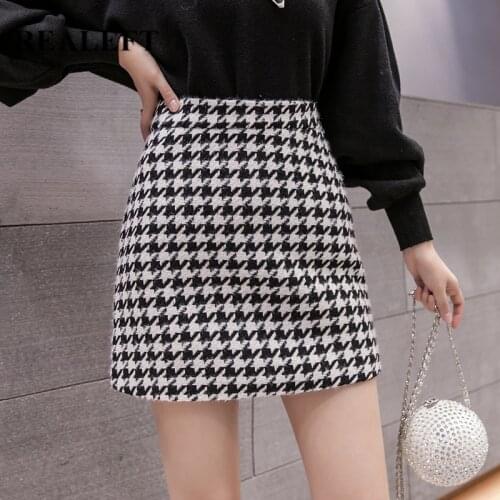 REALEFT 2020 New Autumn Winter Stylish Houndstooth Skirt Women Woolen Skater Skirts High Waist A-Line Sexy Mini Skirts Female